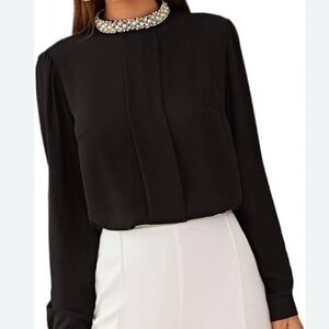 Chic Black Blouse with Embellished Collar
